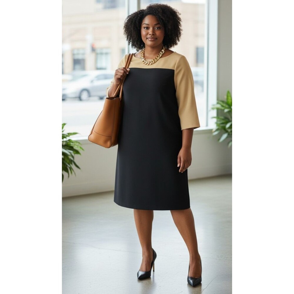 Talbots 18W Plus Ponte Knit Shift Dress Black Colorblock 3/4 Sleeve Knee Length